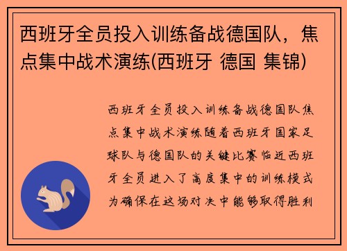 西班牙全员投入训练备战德国队，焦点集中战术演练(西班牙 德国 集锦)