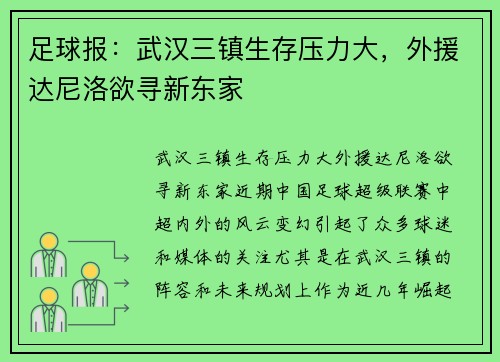 足球报：武汉三镇生存压力大，外援达尼洛欲寻新东家
