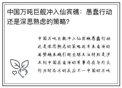 中国万吨巨舰冲入仙宾礁：愚蠢行动还是深思熟虑的策略？