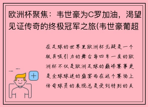 欧洲杯聚焦：韦世豪为C罗加油，渴望见证传奇的终极冠军之旅(韦世豪葡超集锦)