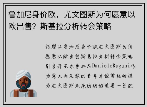 鲁加尼身价欧，尤文图斯为何愿意以欧出售？斯基拉分析转会策略