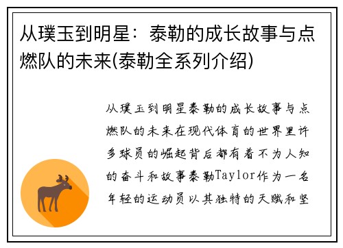 从璞玉到明星：泰勒的成长故事与点燃队的未来(泰勒全系列介绍)